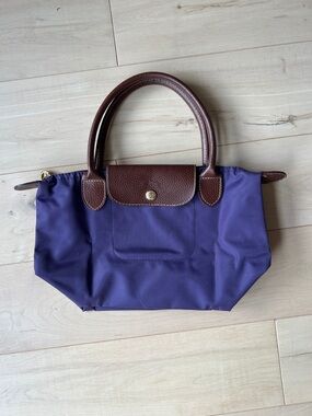 Longchamp Small Tote in Purple with Brown Trim